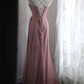 Pink sequined halter-neck fitted long ball gown R6779