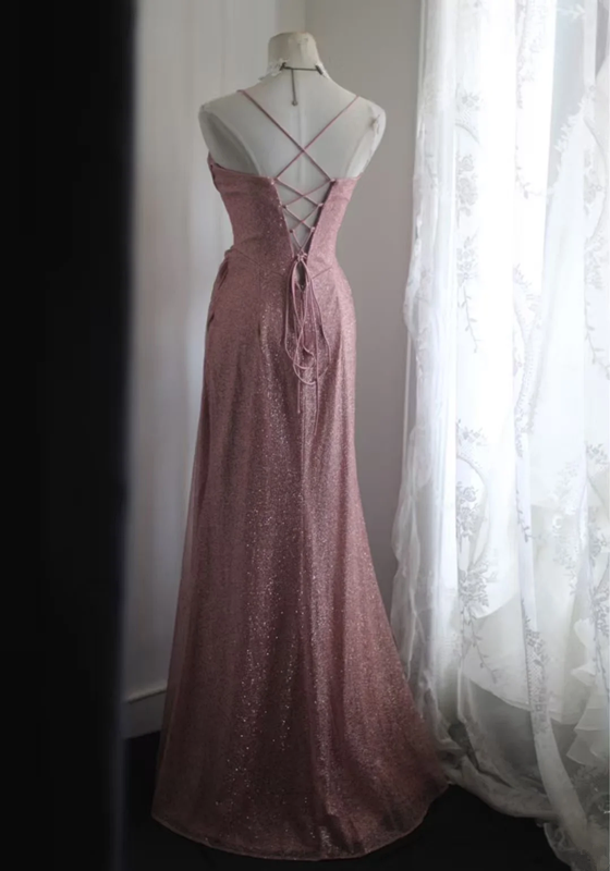 Pink sequined halter-neck fitted long ball gown R6779