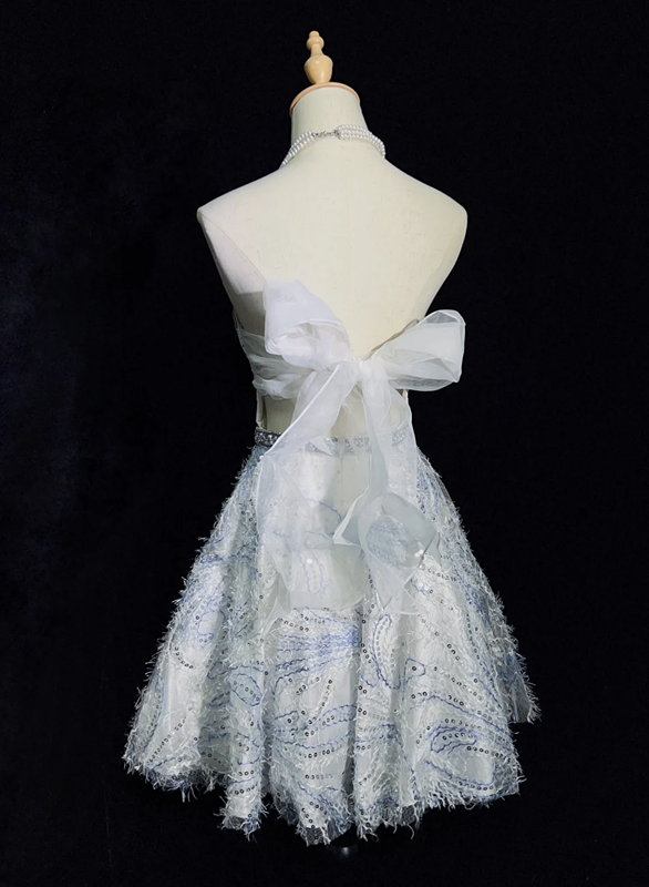 White bottom tube top butterfly design diamond waist A-line short skirt homecoming dress R5009