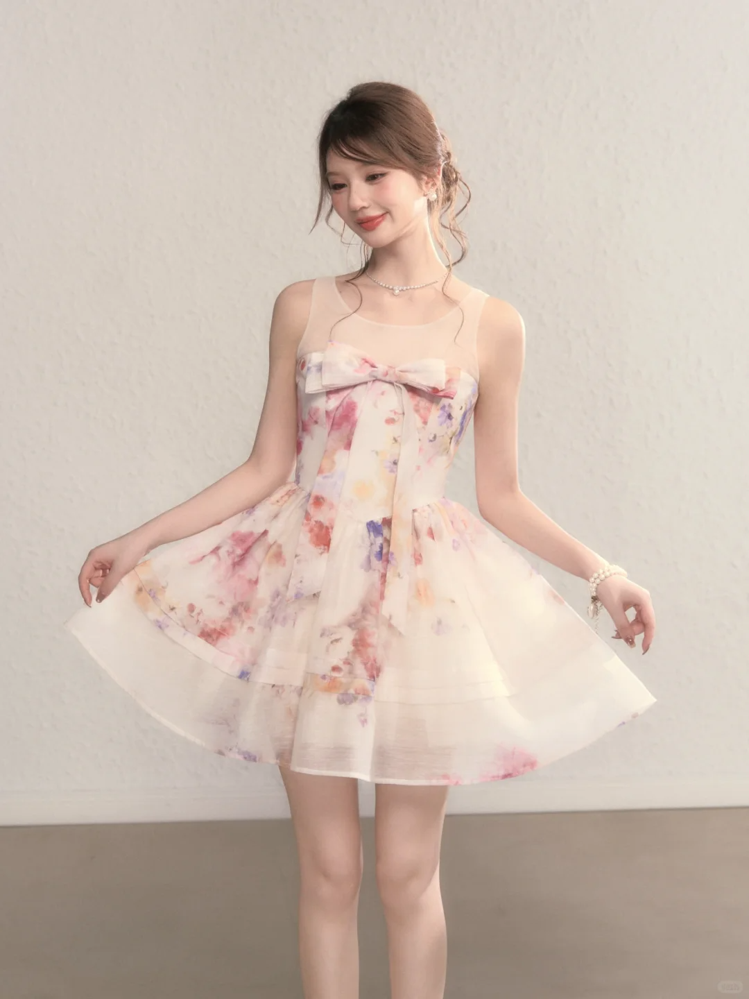 Pink floral sleeveless slim waist A-line short skirt homecoming dress R5408