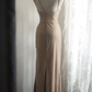 Champagne-colored halter-neck, fitted, pleated, bodycon, sexy long ball gown R6700
