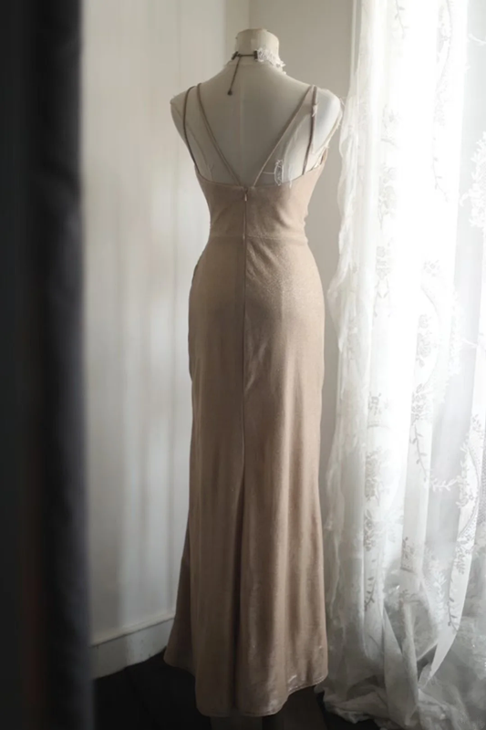 Champagne-colored halter-neck, fitted, pleated, bodycon, sexy long ball gown R6700