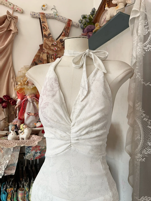 White halter neck slim waist hip fishtail sexy long ball gown R6221