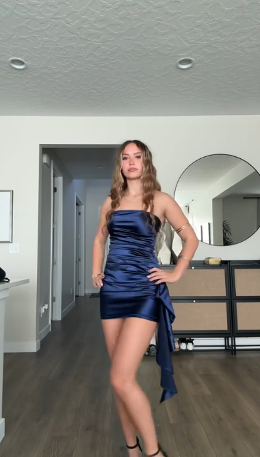 Navy blue tube top waist slim hip skirt homecoming dress R5549