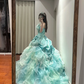 Blue-green strapless fitted waist slim-fitting ball gown with a full skirt R8623