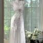 White halter-neck, fitted waist, bodycon fishtail long ball gown R7615
