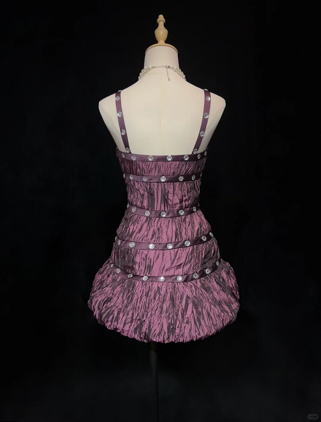Dark purple retro suspender pleated waist puffy skirt short skirt homecoming dress R4968
