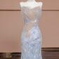 Light blue strapless, fitted, bodycon, sexy long rhinestone ball gown R8290