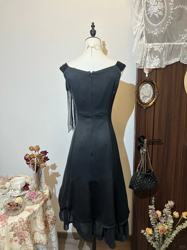 Black suspenders slim waist slimming elegant long skirt homecoming dress R4278