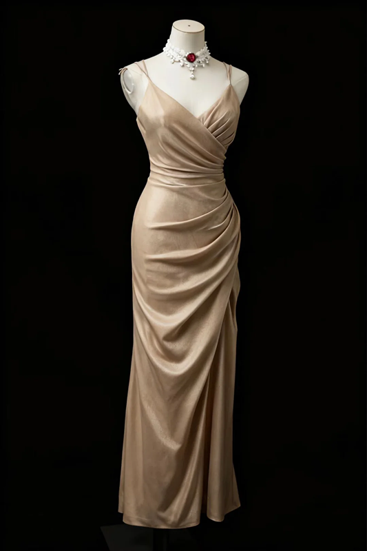 Champagne-colored halter-neck, fitted, pleated, bodycon, sexy long ball gown R6700