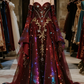 Red strapless slim waist satin sequin elegant long dress ball gown, bridal gown R6101