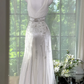 White halter-neck, fitted waist, bodycon fishtail long ball gown R7615