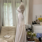 White halter-neck fitted backless sexy long ball gown R7766