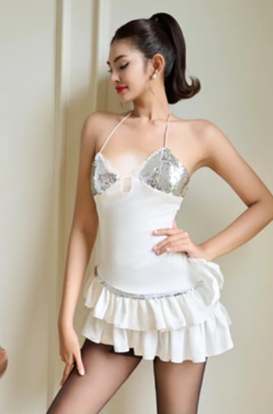 White suspenders slim waist sexy pleated skirt short skirt homecoming dress R4480