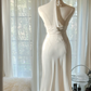White halter neck fitted waist slim-fit lace skirt long ball gown R7695