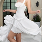 White suspenders, slim waist, irregular skirt, flowing skirt, homecoming dress R4438