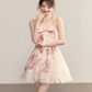 Pink floral sleeveless slim waist A-line short skirt homecoming dress R5408