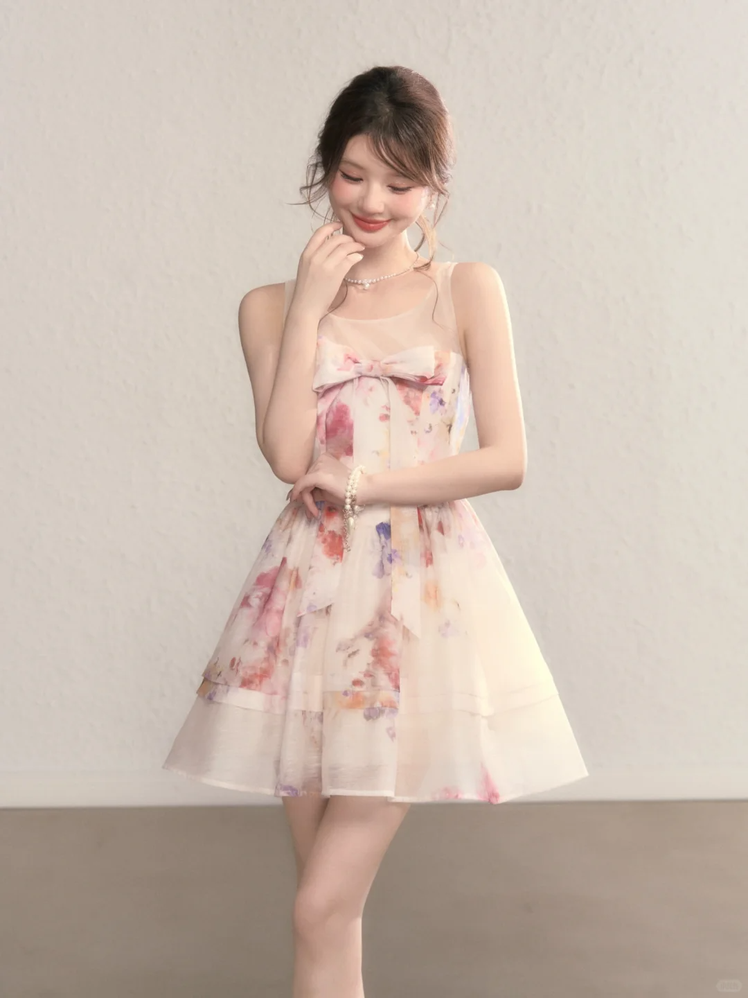 Pink floral sleeveless slim waist A-line short skirt homecoming dress R5408