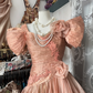Orange puff-sleeved, fitted, pleated, asymmetrical hem long dress, ball gown R6300