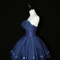 Navy blue strapless short ball gown with a cinched waist; bridal gown R7292