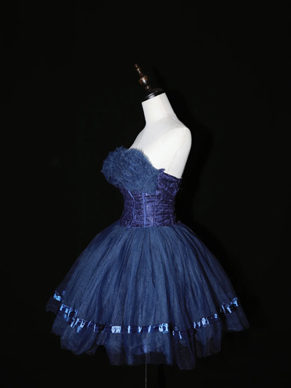 Navy blue strapless short ball gown with a cinched waist; bridal gown R7292