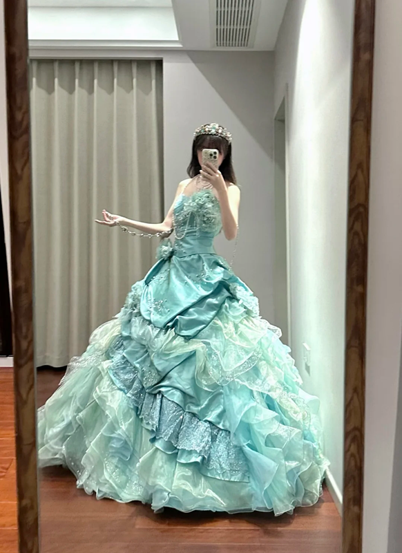 Blue-green strapless fitted waist slim-fitting ball gown with a full skirt R8623