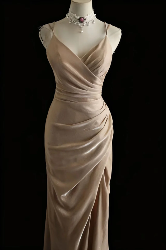 Champagne-colored halter-neck, fitted, pleated, bodycon, sexy long ball gown R6700