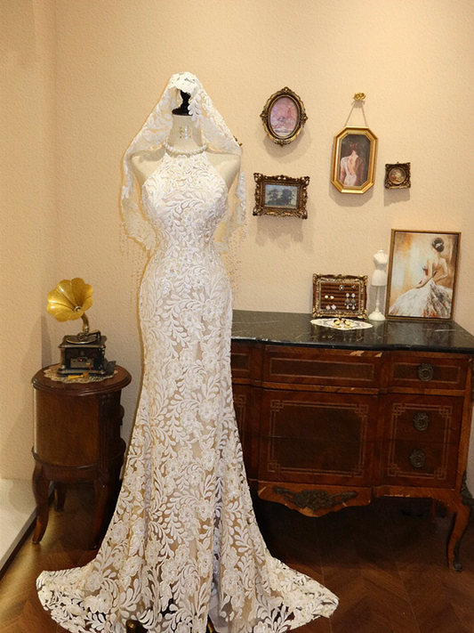 White halter-neck lace fitted waist bodycon long wedding dress R6580