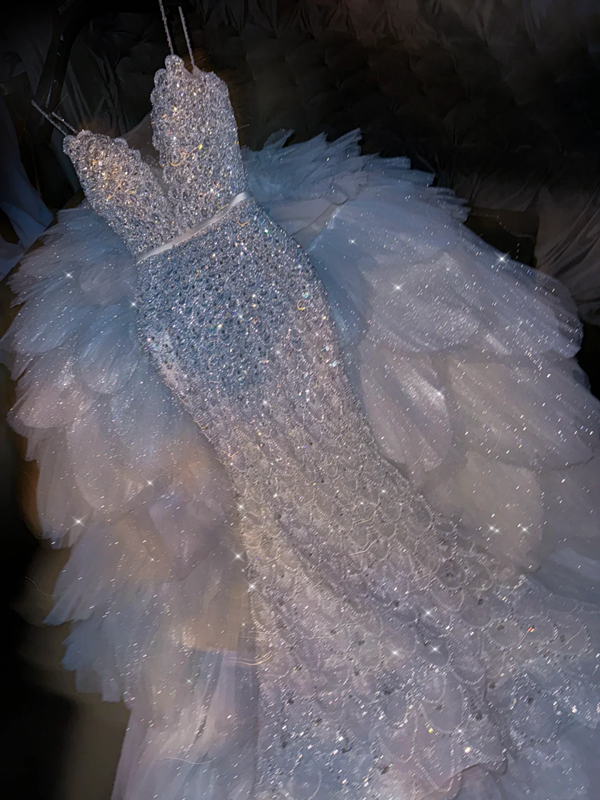 Light blue sequined halter-neck fitted long ball gown/bridal dress R8806