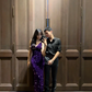 Purple sequined halter-neck fitted long ball gown R7059