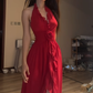 Red halter neck, fitted waist, sexy and elegant long ball gown R8089