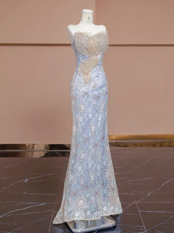 Light blue strapless, fitted, bodycon, sexy long rhinestone ball gown R8290