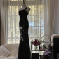 Black one-shoulder halter-neck fitted waist bodycon sexy long ball gown R7735