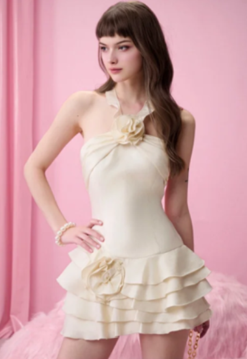 Apricot halter neck slim waist slim fit cake skirt homecoming dress R4398