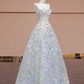 Light blue strapless fitted bodice with floral skirt, ball gown/bridal dress R8347