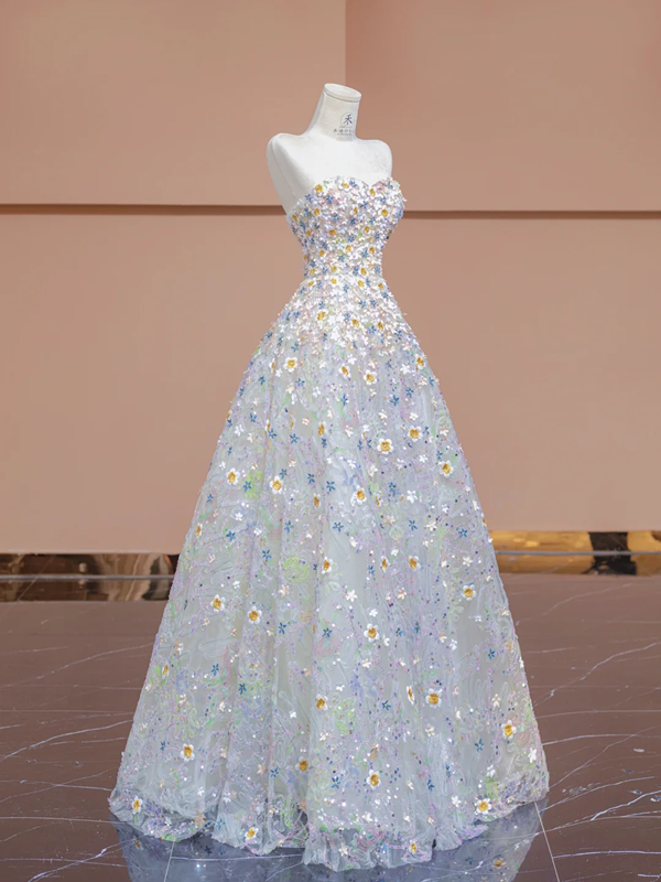 Light blue strapless fitted bodice with floral skirt, ball gown/bridal dress R8347