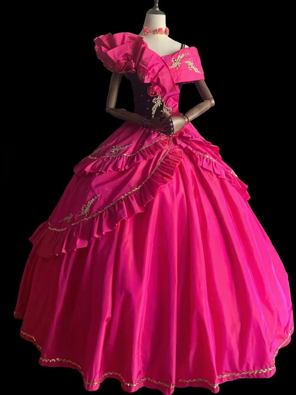 Barbie pink fitted bob with a full skirt, long ball gown, bridal dress R6819