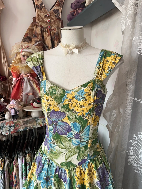 Vintage oil painting floral A-line short ball gown R6380