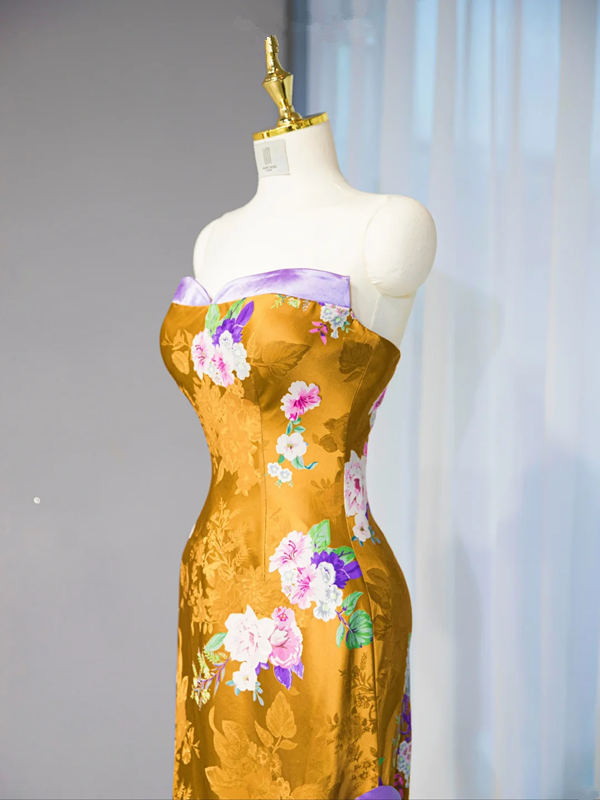 Mustard yellow strapless fitted long ball gown, bridal dress R9016