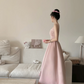 Champagne pink spaghetti strap, waist-cinched, slim-fit A-line long elegant prom dress R7966