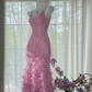 Light pink halter-neck fitted waist bodycon sexy long ball gown R7654