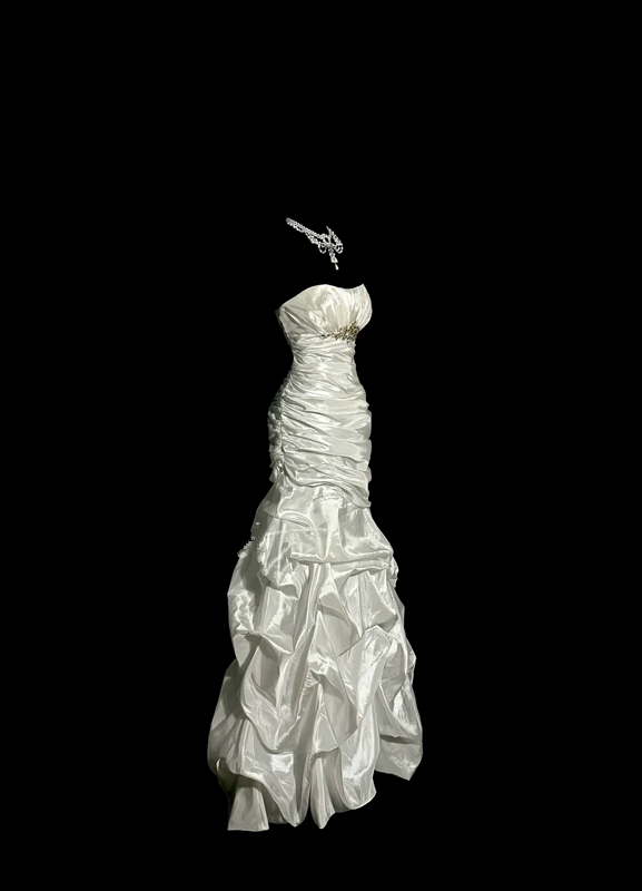 White strapless, fitted waist, pleated, full skirt, long ball gown R6660