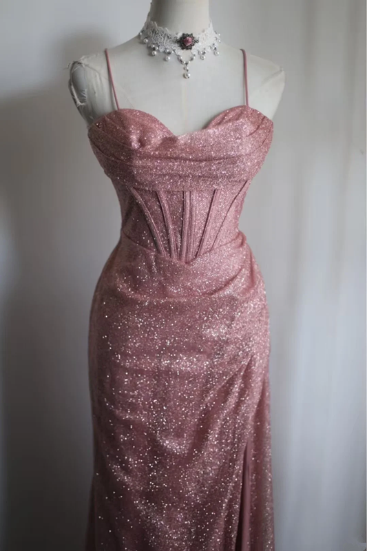 Pink sequined halter-neck fitted long ball gown R6779