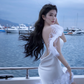 White Strapless Feather-Embellished Waist-Cinched Fitted Bodycon Prom Dress R7099