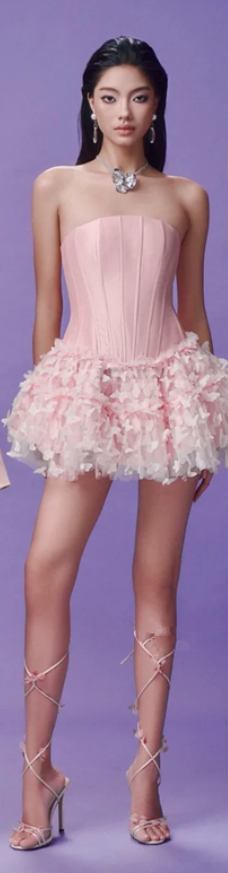 Pink tube top slim waist puffy skirt short skirt homecoming dress R4640