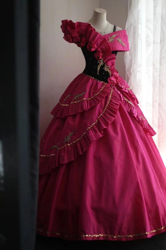 Barbie pink fitted bob with a full skirt, long ball gown, bridal dress R6819