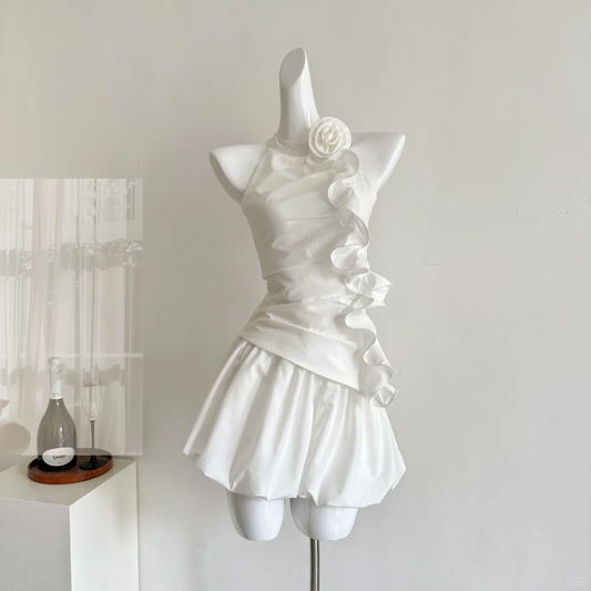 White halter neck slim waist flower bud skirt cute short skirt homecoming dress R4358
