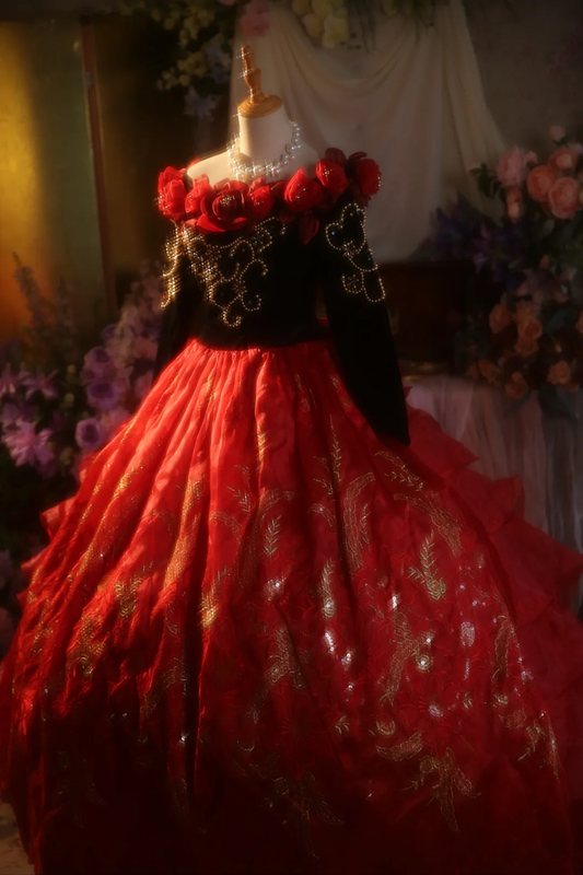 Red off-shoulder retro fitted waist ball gown/bridal dress R7272