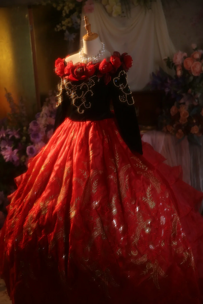 Red off-shoulder retro fitted waist ball gown/bridal dress R7272