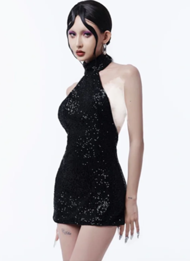Black halter neck sexy open back vivid hip sequin skirt homecoming dress R4680